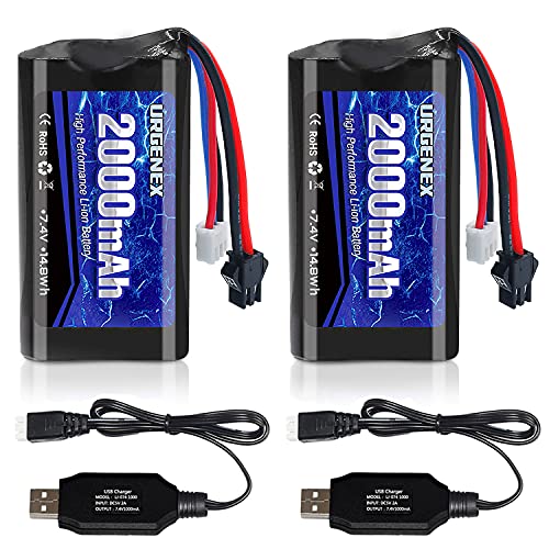 URGENEX 7.4V Li-ion Battery 2000mAh 2S Battery with SM 2P Plug High Capacity for Remote Control RC Boat 2 Pack H101 RC Batteries with 2 USB Chargers