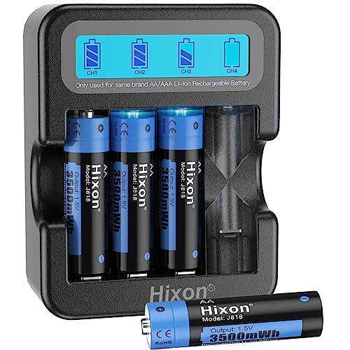 Rechargeable Batteries AA with LCD Charger,Hixon 4x3500mWh AA Rechargeable Lithium Batteries,Constant 1.5V Output,1600Cycles,Fits for Blink Camera VR/Xbox Gaming Controller.