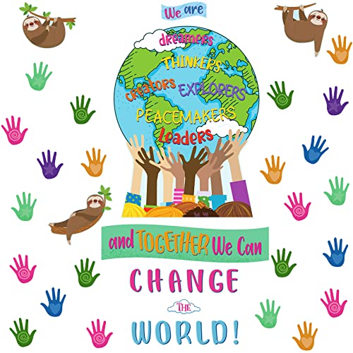 67 Pcs One World Together We are and Together We Can Change The World Classroom Bulletin Board Set Earth Day Decorations Sloth Cutout Hands with Hearts Cutout for Classroom Door Wall Decor