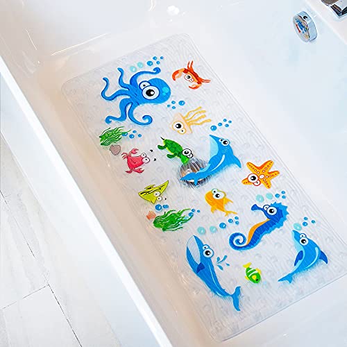BEEHOMEE Bath Mats for Tub Kids,Baby Toddler - Large Cartoon Non-Slip Bathroom Bathtub Anti-Slip Shower Mats for Floor 35x15,Machine Washable XL Size Bathroom Mats (Blue Octopus)
