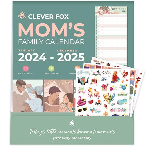 Clever Fox Mom's Family Calendar For 2024-2025 – Large 24-Month Wall Calendar for 2024-25 – Monthly Planning Calendar with Hook for Chores, To-dos & Appointments – Gifts for Mom – 13x27” (Mint Cream)