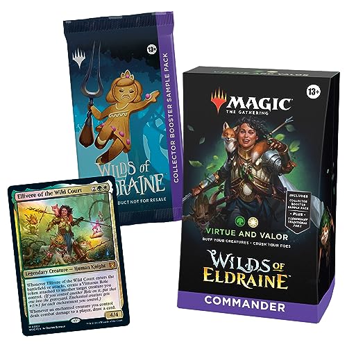 Magic The Gathering Wilds of Eldraine Commander Deck - Virtue and Valor (100-Card Deck, 2-Card Collector Booster Sample Pack + Accessories)