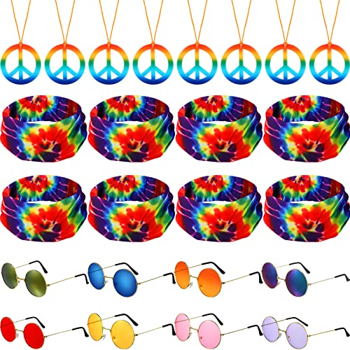 MTLEE Hippie Costume Set (24 Pcs), Includes Peace Sign Necklaces, Tie Dye Headbands, Colorful Sunglasses - Unisex Accessories for Adults' Retro Party