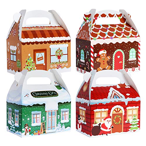 TOMNK 28 Pack Christmas Treat Boxes Cookie Boxes Gift Boxes 3D Xmas House Cardboard Gable Boxes for Candy, Holiday Party Favor Supplies, Christmas Boxes for Gift Giving 6x3.5x3.5 Inches