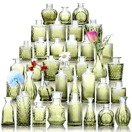Fixwal 36 Green Bud Vases Glass Bud Vase Set, Small Vases for Flowers, Bud Vases for Centerpieces Mini Flower Vases in Bulk for Rustic Wedding Decorations Vintage Look Home Table Decor (Green)