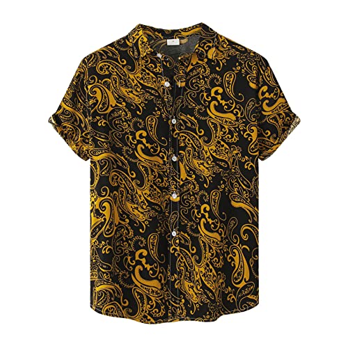 WENKOMG1 Mens Hawaiian Shirt Artistic Lightweight Button Down Shirt Casual Travel Essential Short Sleeve Tshirts Shirt, My Order Lighting Deals of The Day Great Deals Clearance(Gold,Medium)