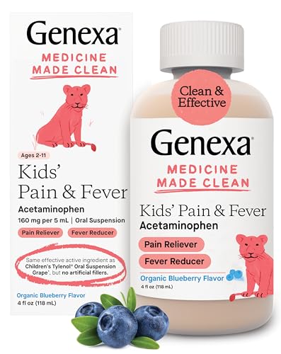 Genexa Children's Acetaminophen Pain and Fever Reducer | 160 mg per 5mL | Made with Delicious Organic Blueberry Flavor | 4 Fluid Ounces
