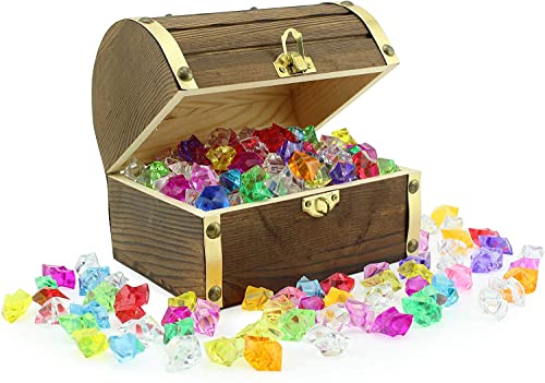 Attatoy Wooden Pirate Treasure Chest with 240 Colored 'Jewels' (Plastic Gems); 6' x 4.5' x 5' Antique Style Wood Box; 1 Lb. Acrylic Gemstones