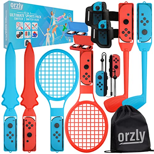 Orzly Switch Sports Games 2023 Accessories Bundle Pack for Nintendo Switch & Switch OLED with Tennis Rackets, Golf Clubs, Chambara Swords, Soccer Leg Straps & Joycon Grips - With Carry Bag
