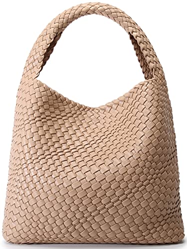 Fashion Woven Purse for Women Top-handle Shoulder Bag Soft Summer Hobo Tote Bag (Apricot)