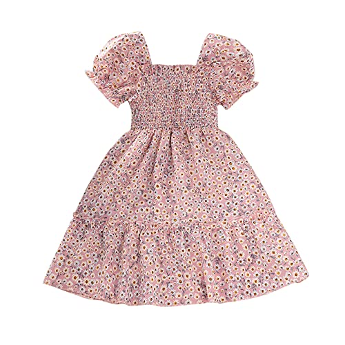 3-7T Girl's Dress Summer Scoop Neck Short Sleeves Floral Flowy Print Plain Sundress Dress Peach Southen US Dresses