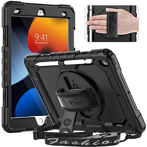 Timecity Case for iPad 9th/ 8th/ 7th Generation 10.2 inch (Case for iPad 9/8/ 7 Gen): with Strong Protection, Screen Protector, Hand/Shoulder Strap, Rotating Stand, Pencil Holder - Black