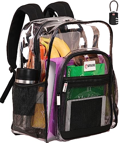 SHYLERO Clear Backpack Heavy Duty has TSA Lock, 2-WAY Zipper. PVC Transparent Backpack X-Large - H18''xW14''xD8 - Black