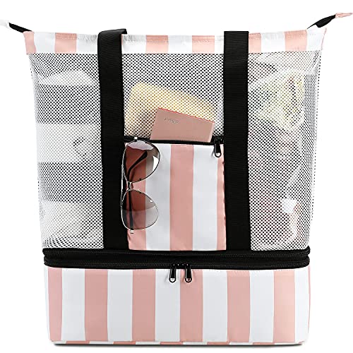 Bluboon Mesh Beach Bag with Cooler Sections Pool Bag for Women Detachable Insulated Picnic Shoulder Bag and Solid Zipper Closure Travel Tote (Light Pink)