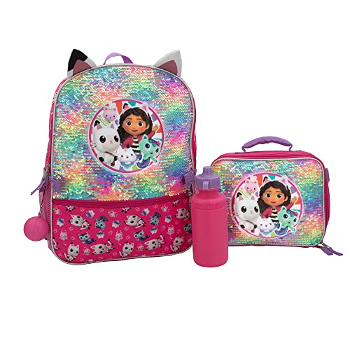 AI ACCESSORY INNOVATIONS Gabby’s Doll House 4 Piece Backpack Set, Flip Sequin 16' School Bag for Girls with Front Zip Pocket, Pink