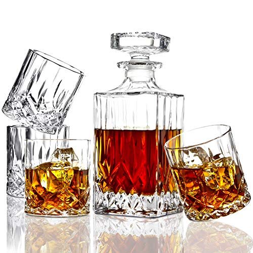 ELIDOMC 5PC Italian Crafted Glass Whiskey Decanter & Whiskey Glasses Set, Crystal Decanter Set With 4 Double Old Fashioned Glasses, 100% Lead Free Whiskey Glassware