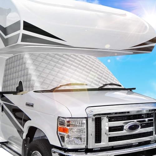 BougeRV RV Windshield Window Snow Cover for Class C Ford E450 1997-2024 Motorhome, Windshield Cover for Ice and Snow RV Front Window Sunshade Cover RV Accessories 4 Layers with Mirror Cutouts Silver