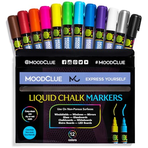 MoodClue Liquid chalk markers 12 neon erasable Whiteboards, glass boards, chalkboards, windows, mirrors, car windshields, auto, glass. Odorless, non-toxic. Wet or dry erase. Thick and thin tip