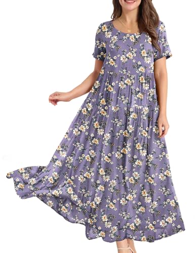 YESNO Women Casual Loose Bohemian Floral Dress with Pockets Short Sleeve Long Maxi Summer Beach Swing Dress L EJF CR08 Purple