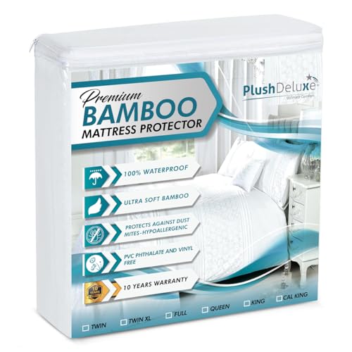 PlushDeluxe Premium Bamboo Mattress Protector – King Size, Waterproof, & Ultra Soft Breathable Noiseless Washable Bed Mattress Cover for Comfort & Protection - White