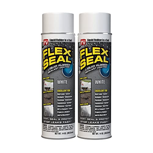 Flex Seal, 14 oz, 2-Pack, White, Stop Leaks Instantly, Waterproof Rubber Spray On Sealant Coating, Perfect for Gutters, Wood, RV, Campers, Roof Repair, Skylights, Windows, and More