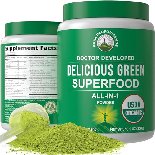 Peak Performance Organic Greens Superfood Powder. Best Tasting Super Greens Powder with 25+ Organic Ingredients for Max Energy and Athletic Performance. Vegan Keto Green Juice Daily Drink