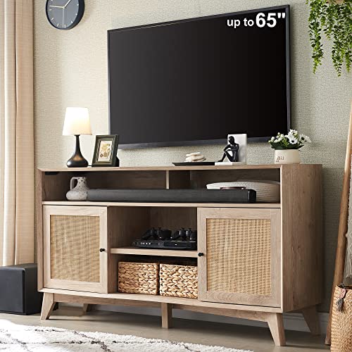 OKD TV Stand for 65+ Inch TV, 32'' Tall Highboy Entertainment Center, Mid Century Modern Media TV Console with Natural Rattan Door, Adjustable Shelves, Boho Television Stand, Oak