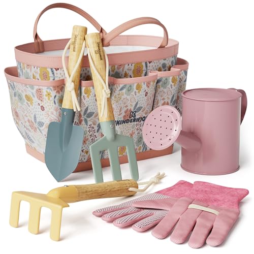 Kinderific Gardening Set, Tool Kit, for Kids, STEM, Includes Tote Bag, Spade, Watering Can, Rake, Fork, Trowel and Gloves (Floral)