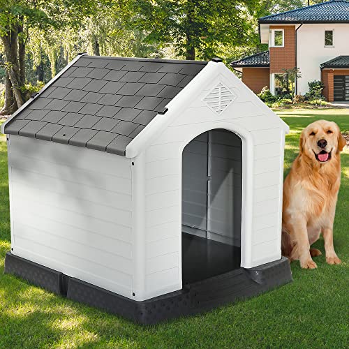 Pet Republic Large Plastic Dog House Indoor Outdoor Doghouse Dog Kennel Easy to Assemble Puppy Shelter w/Air Vents Elevated Floor Waterproof (Grey)