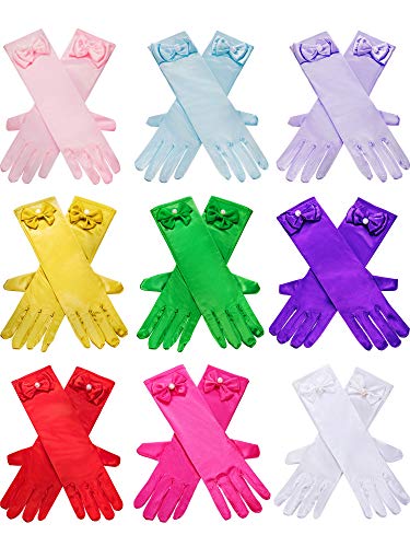 Zhanmai 9 Pairs Girls Satin Gloves Bowknot Gloves Princess Gloves for Kids Party, Wedding, Formal Pageant, Ages 3T to 8 Years, Color 3, Small