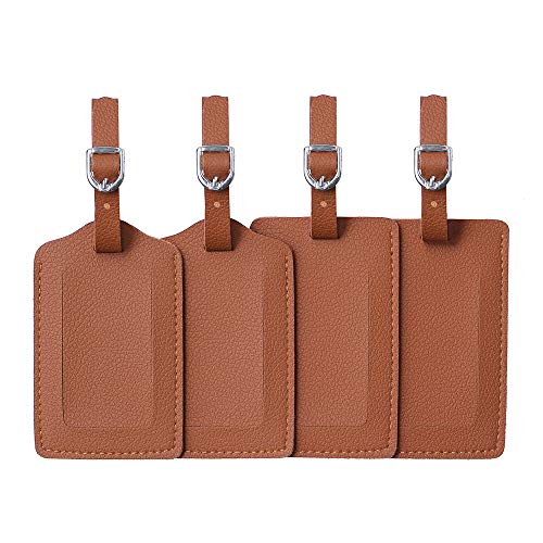 Vigorport Luggage Tag，Leather Identifiers Travel Tags for Suitcase,Bag Tags with Name Card Holder-Set of 4(Brown)
