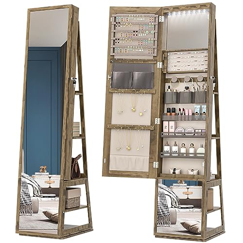 Hzuaneri 16 LEDs Jewelry Cabinet Armoire, 63' H Standing Jewelry Organizer with 360° Rotating Base, Lockable Full-length Mirror, 4-tier Storage Shelves, 4-in-1 design, Weathered Oak JC16007E