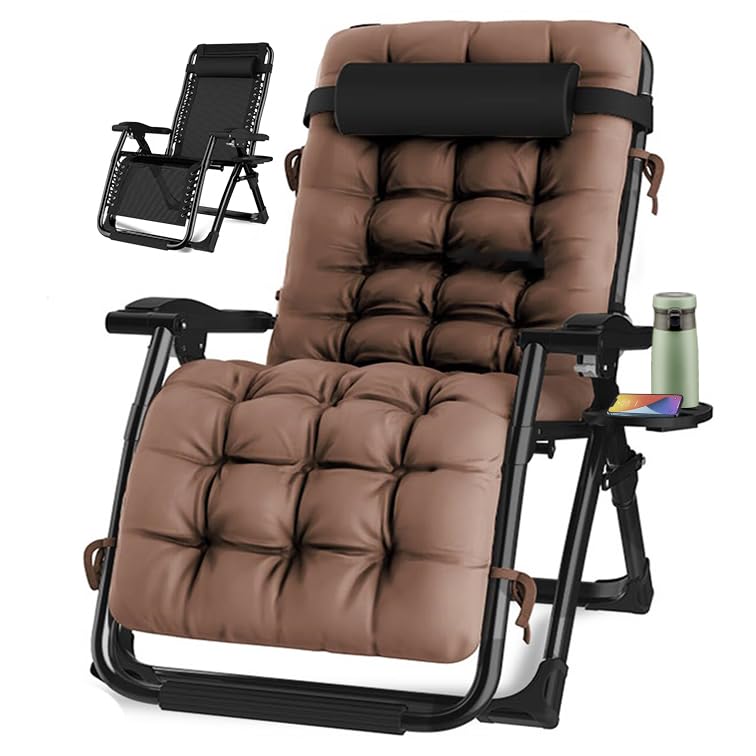 KINGBO Oversized Zero Gravity Chair, Lawn Recliner, Reclining Patio Lounger Chair, Folding Portable Chaise, with Detachable Soft Cushion, Cup Holder, Adjustable Headrest, Support 500 lbs. (29' Wide)