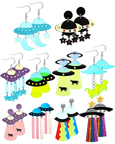 10 Pairs UFO Aliens Earrings Space Weird Acrylic Earrings women Flying Saucer UFO Dangle Earrings Novelty Fun Glitter Cute Earrings Jewelry for Girls, Multiple Colors