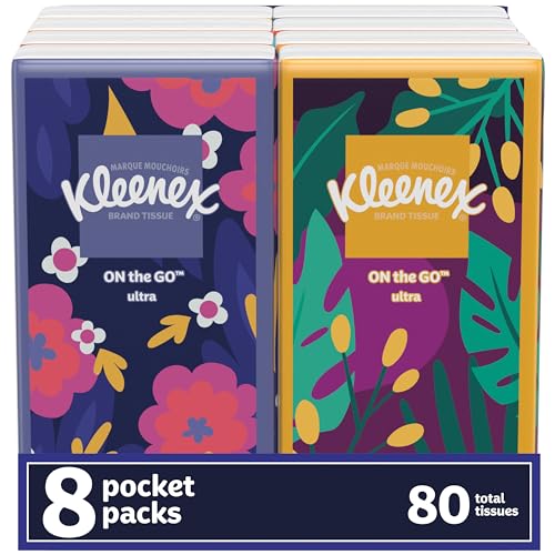 Kleenex On-The-Go Facial Tissues, 8 On-The-Go Packs, 10 Tissues per Box, 3-Ply (Pack of 8), Packaging May Vary