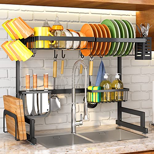 Over The Sink Dish Drying Rack, Adjustable (26.8' to 34.6') Large Dish Drainer Drying Rack for Kitchen Counter with Multiple Baskets Utensil Sponge Holder Sink Caddy, 2 Tier Black