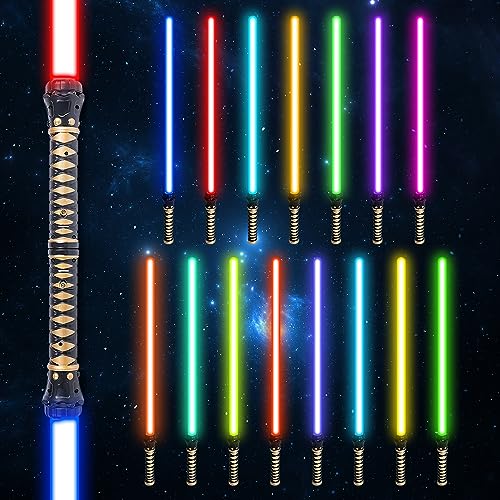 2 Pack Light Up Saber for Kids, 15 Colors Light Sword with FX Sound, Realistic Handle & Expandable LED Lightsabers Toy for Halloween Dress Up Party Favor, Xmas Gift, Galaxy War Fighters and Warriors