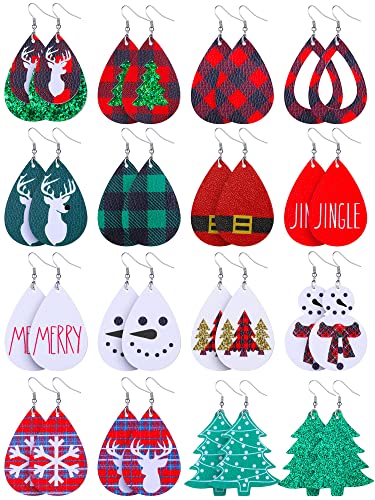 16 Pairs Christmas Faux Leather Earrings Lightweight Faux Leather Earrings Holiday Earrings for Women