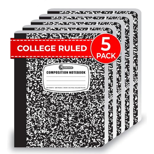 Rosmonde College Ruled Composition Notebooks 5 Pack, 200 Pages (100 Sheets), 9-3/4' x 7-1/2', White & Black Marble Composition Book, Hard Cover, Sturdy Sewn Binding, School, College & Office Supplies
