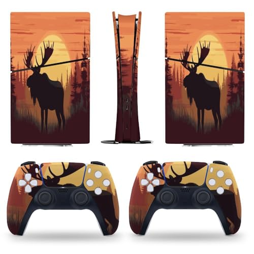 Buyidec Sticker Skin for PS5 Slim Digital Edition Silhouette Moose Sunset Skin Console Controller Accessories Cover Skins Anime Vinyl Cover Sticker Full Set for Playstation5 Slim Digital Edition