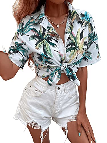 SweatyRocks Women's Short Sleeve Cute Print Button Down Shirt Tops Tropical White L