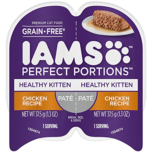 IAMS PERFECT PORTIONS Healthy Kitten Grain Free* Wet Cat Food Paté, Chicken Recipe, 2.6 Oz (Pack of 24) Easy Peel Twin-Pack Trays