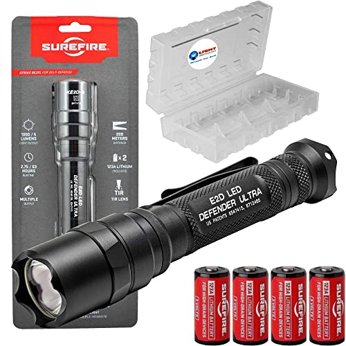 SureFire E2D Defender Ultra (E2DLU-A) 1000 Lumens Dual-Output Tactical Flashlight LED - Bundle with 4 Extra CR123A Batteries and Battery Case - Tailcap Click Switch Light, EDC Defense Flashlights
