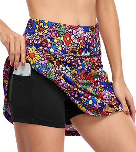 Fulbelle Tennis Skirt with Shorts, Cute Casual Summer Athletic Golf / Running Skorts with Pockets for Women, Colorful Flower Large