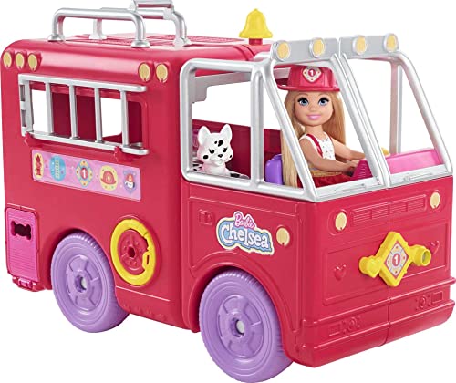 Barbie Chelsea Can Be Doll & Toy Fire Truck Playset with Blonde Small Doll, 2 Pets & 15+ Acessories, Open for Fire Station