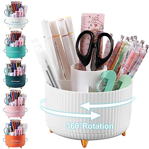 Cayxenful Pencil Holder For Desk,5 Slots 360°Degree Rotating Desk Organizers And Accessories,Desktop Storage Stationery Supplies Organizer, Cute Pencil Cup Pot For Office, School, Home (B-White)