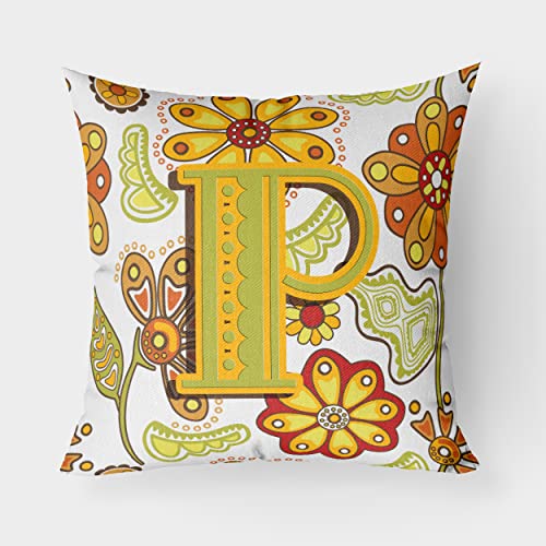 Caroline's Treasures CJ2003-PPW1818 Letter P Floral Mustard and Green Fabric Decorative Pillow 100% Machine Washable Pillow, Indoor or Outdoor Decorative Throw Pillow for Couch, Bed or Patio