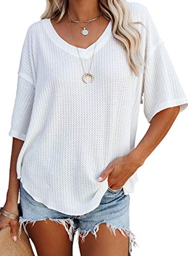 Dokotoo Women's Summer V Neck Waffle Knit Oversized Slouchy Shirt Henley Short Sleeve Tunic Tops Casual Loose Fit Blouses Tee Shirts Work White L