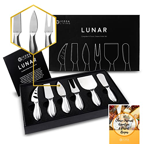 ICOSA Living Lunar 6-Piece Cheese Knife Set - Premium Stainless Steel Cheese Knives Collection - Charcuterie Board Accessories Gift Ready w/ 15 Festive Recipes