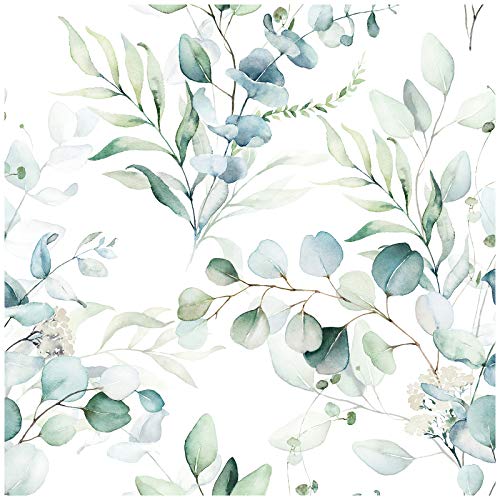 HAOKHOME 93042 Peel and Stick Wallpaper Boho Green/White Eucalyptus Leaf Floral Wall Mural Home Nursery Decor Renter Friendly Wallpaper 17.7in x 9.8ft